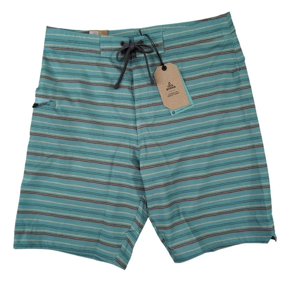 Prana Fenton Boardshorts Swimsuit‎ Mens 32 Aqua Beach Stripe 9 Inch Stretch